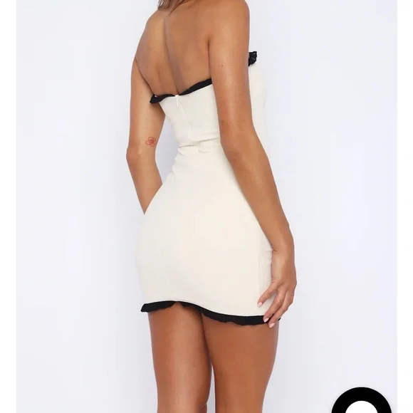 White Fox Boutique Beige Strapless Mini Dress with Black Ruffle Trim - Picture 3 of 6